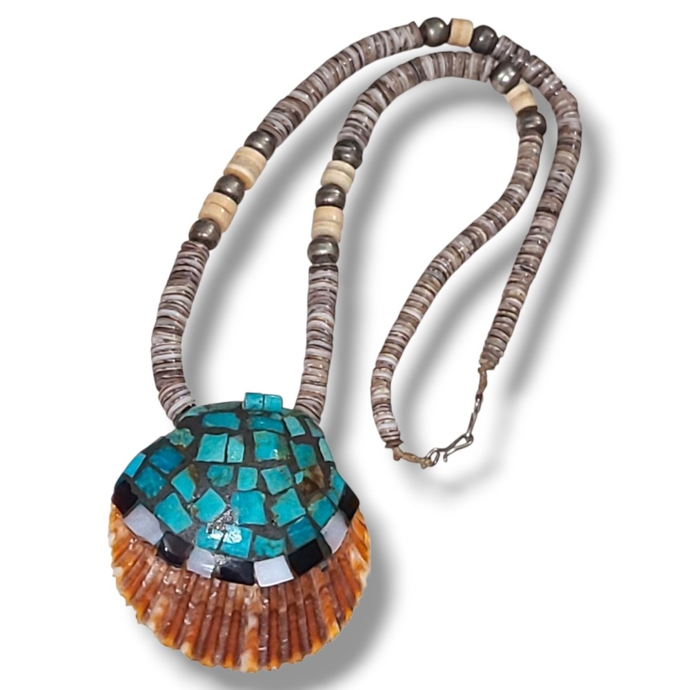 Vintage Santo Domingo Kewa Pueblo Mosaic Turquoise Shell Heishi Necklace 555
